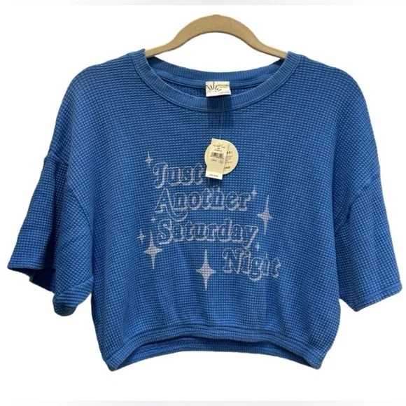 Aerie Offline “Just Another Saturday Night” Cropped Blue Thermal Tee NWT - Picture 2 of 11